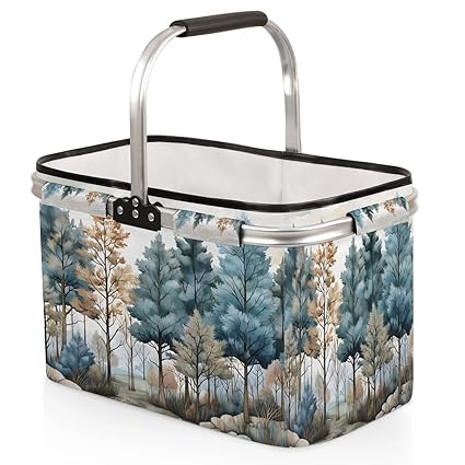 Kizmoglux Countryside Tree Jungle Collapsible Market Basket, Foldable Picnic Basket - Large Shopping Basket with Handles, Portable Folding Bag for Shopping Camping Picnic