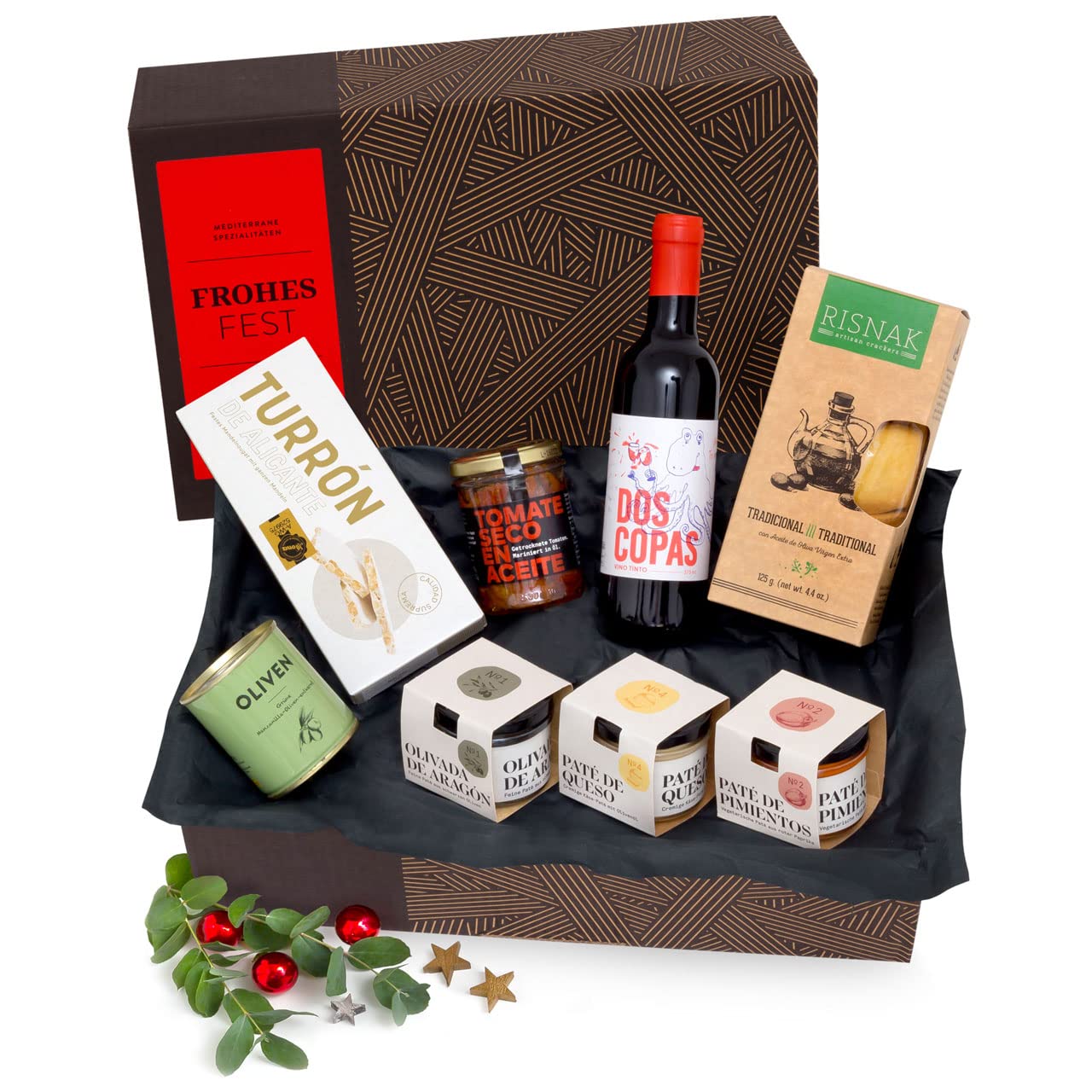 Präsentbox Frohes Fest - Weihnachtliches Feinkost-Geschenk mit Rotwein, Turrón, edlen Patés, Oliven und getrockneten Tomaten | Für Feinschmecker | Von jamon.de