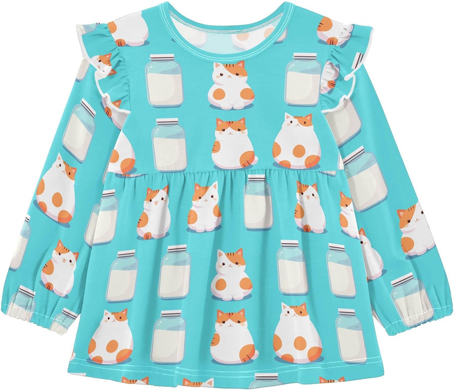 visesunny Toddler Clothes for Girls Blue Cat Bottle Long Sleeve Fall Shirts Cotton Top with Ruffle Collar