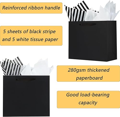 Miniatura 2 de Offizon 12 bolsas de regalo negras, bolsas de regalo con papel de seda (4 pequeñas de 6 pulgadas, 4 medianas de 8.7 pulgadas, 4 grandes de 12.6