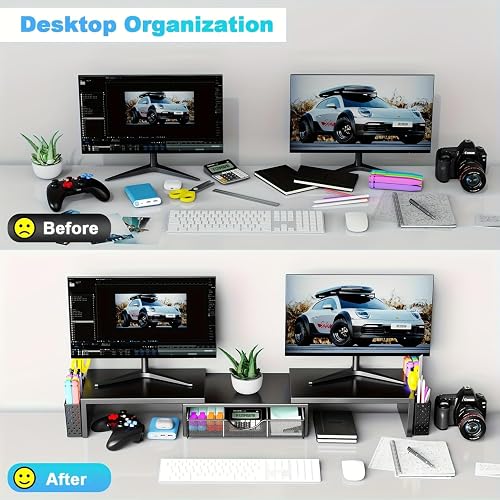 Pygocereri Supporto per doppio monitor, accessori da scrivania in metallo con cassetto e 2 portapenne, lunghezza e angolazione regolabili, supporto per monitor del computer per schermo, computer - 2