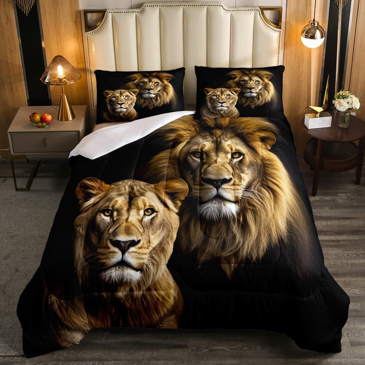 Lion Comforter Set Lions Couple Bedding Sets African Safari Animals Down Comforter for Kids Boys Girls Adults Lionesses Wildlife Duvet Insert with 1 Comforter and 2 Pillow Cases Bedroom Decor Queen