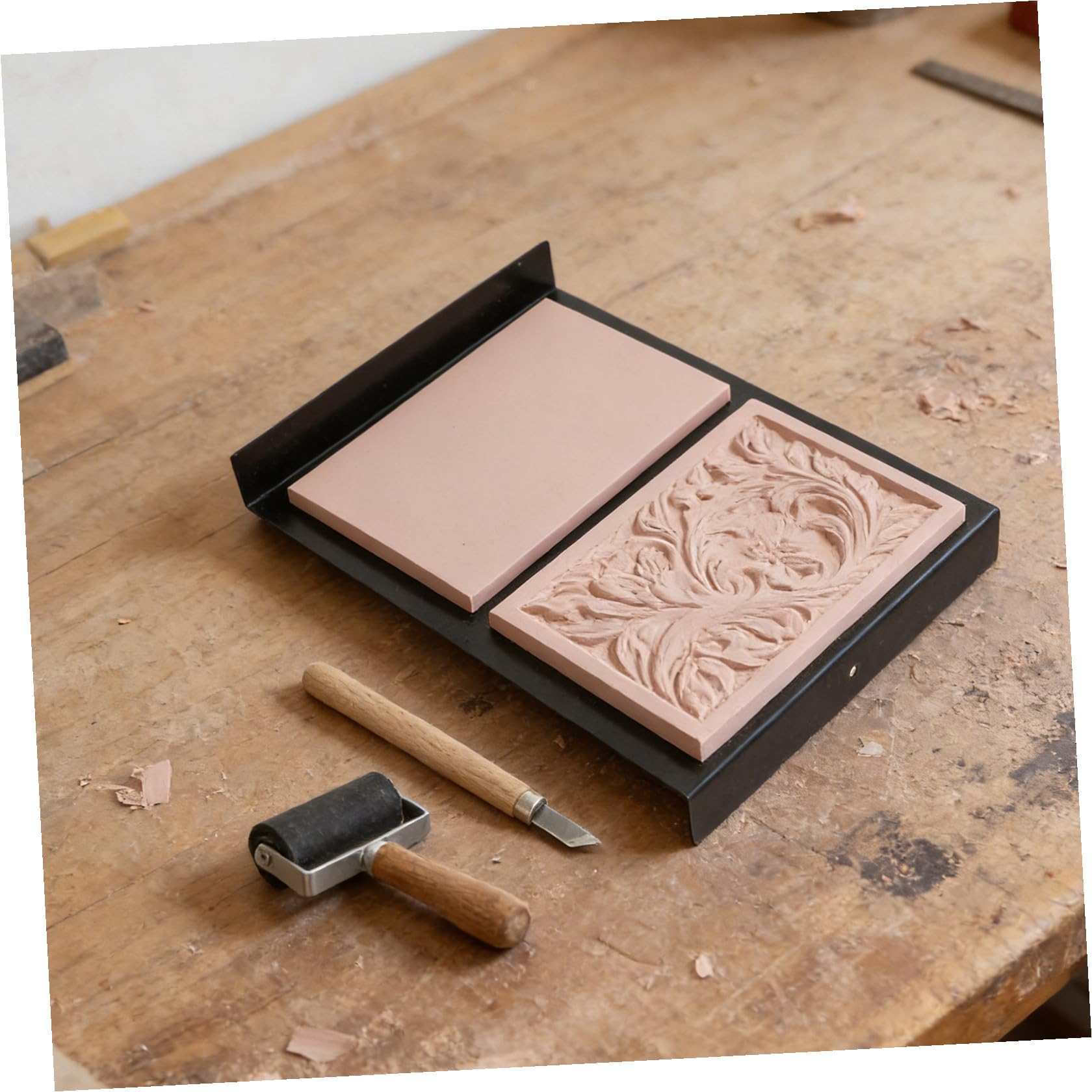 10 Unidades Kit de Grabado para Impresión en Linóleo Bloques de Caucho, Mesa de Trabajo Metálica y Rodillo de Tinta para Proyectos Creativos y Grabado Artístico