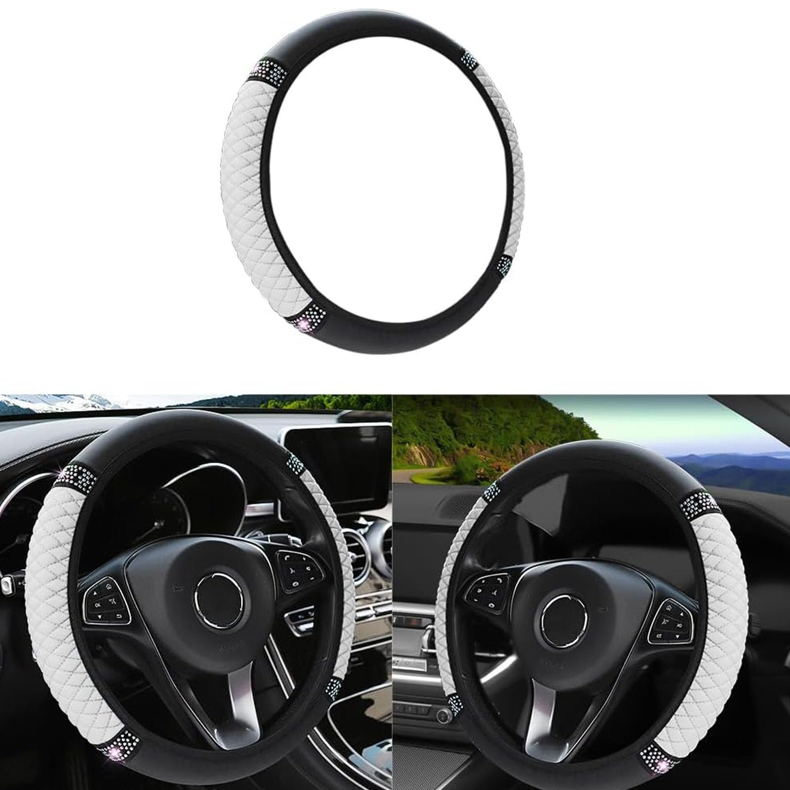 QIANG KUN Bling Car Steering Wheel Cover , Diamond Steering Wheel Cover Women Fit for 15 Inch Round Steering Wheel Soft Leather Non-Slip Cover for Most Cars（White）