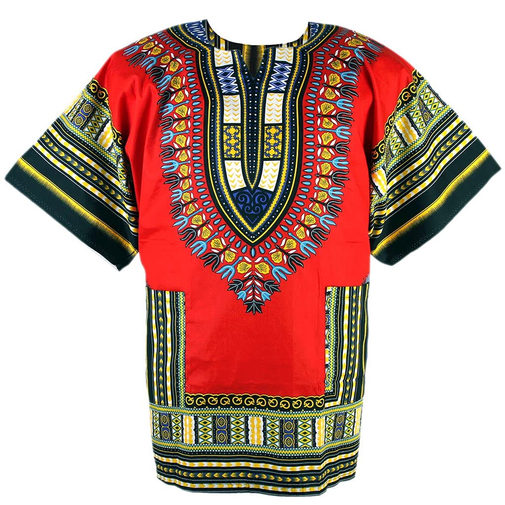 CHAINUPON African Dashiki Cotton Shirt Unisex Tribal Festival Boho Hippie Kaftan (Small, Red)
