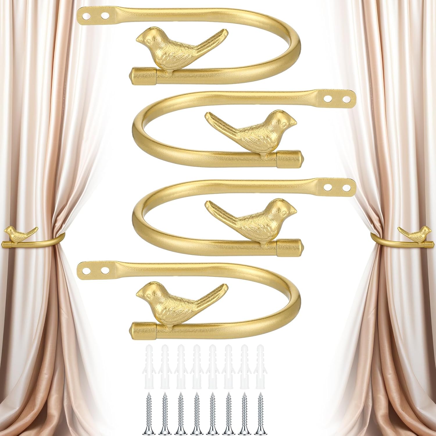 4 Pcs Metal Gold Curtain Holdbacks Farmhouse Decorative Window Curtain Holdbacks with Screws for Draperies Cottage Finish Living Room Office (Gold,Bird)