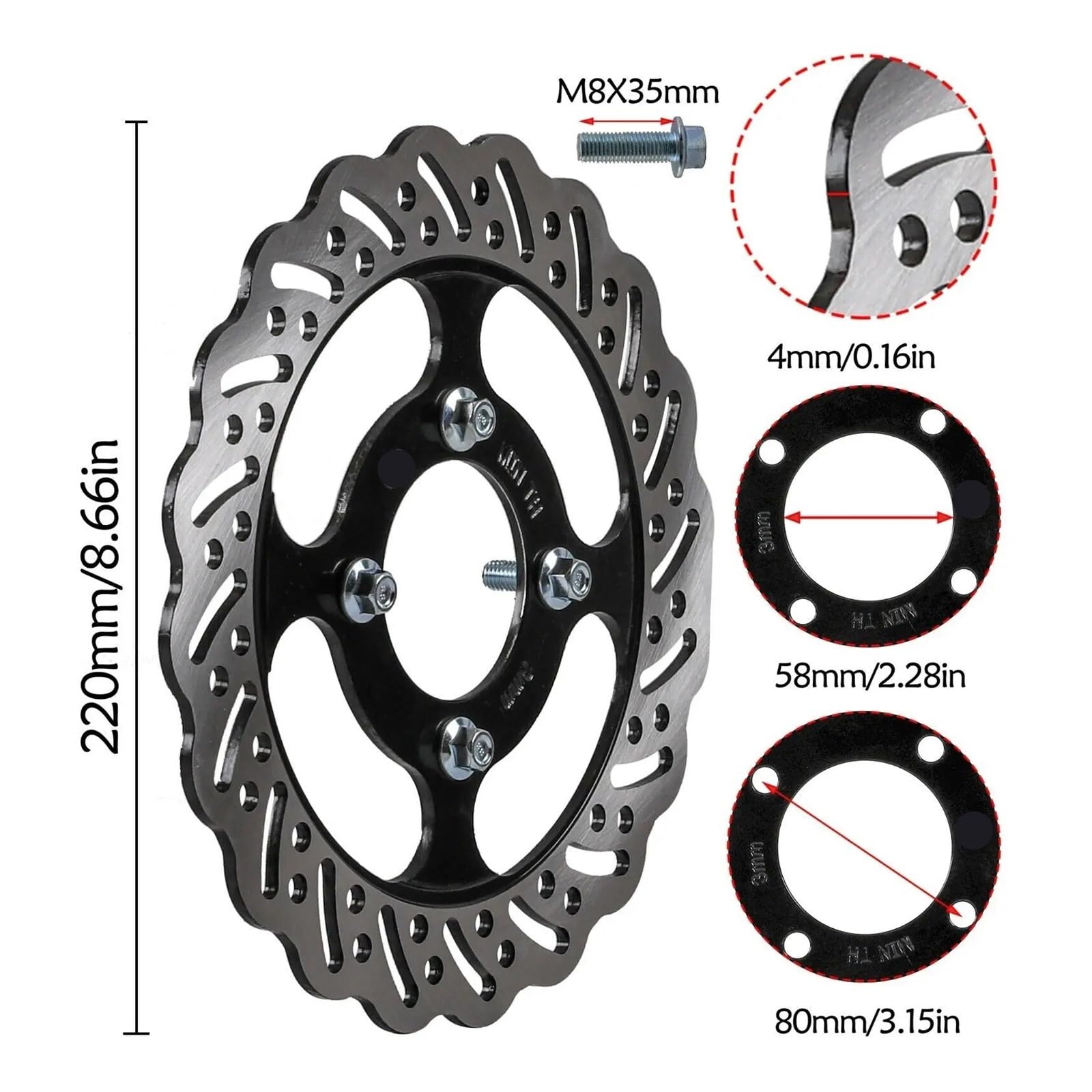 Motociclo Disco Freno 220MM 8.7" Disco Freno Posteriore Rotore 58mm O Moto Dirt Pit Bike ATV Quad Go Kart Rotori Freno Bicicletta