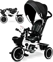 KRIDDO Carrinho De Triciclo 7 Em 1 Para Crianças De 18 Meses A 5 Anos, Alça Ajustável, Assento Giratório, Porta-Copos E Capota Retrátil, Triciclo Dobrável Para Bebê Com Guarda-Corpo Removível, Apoio P