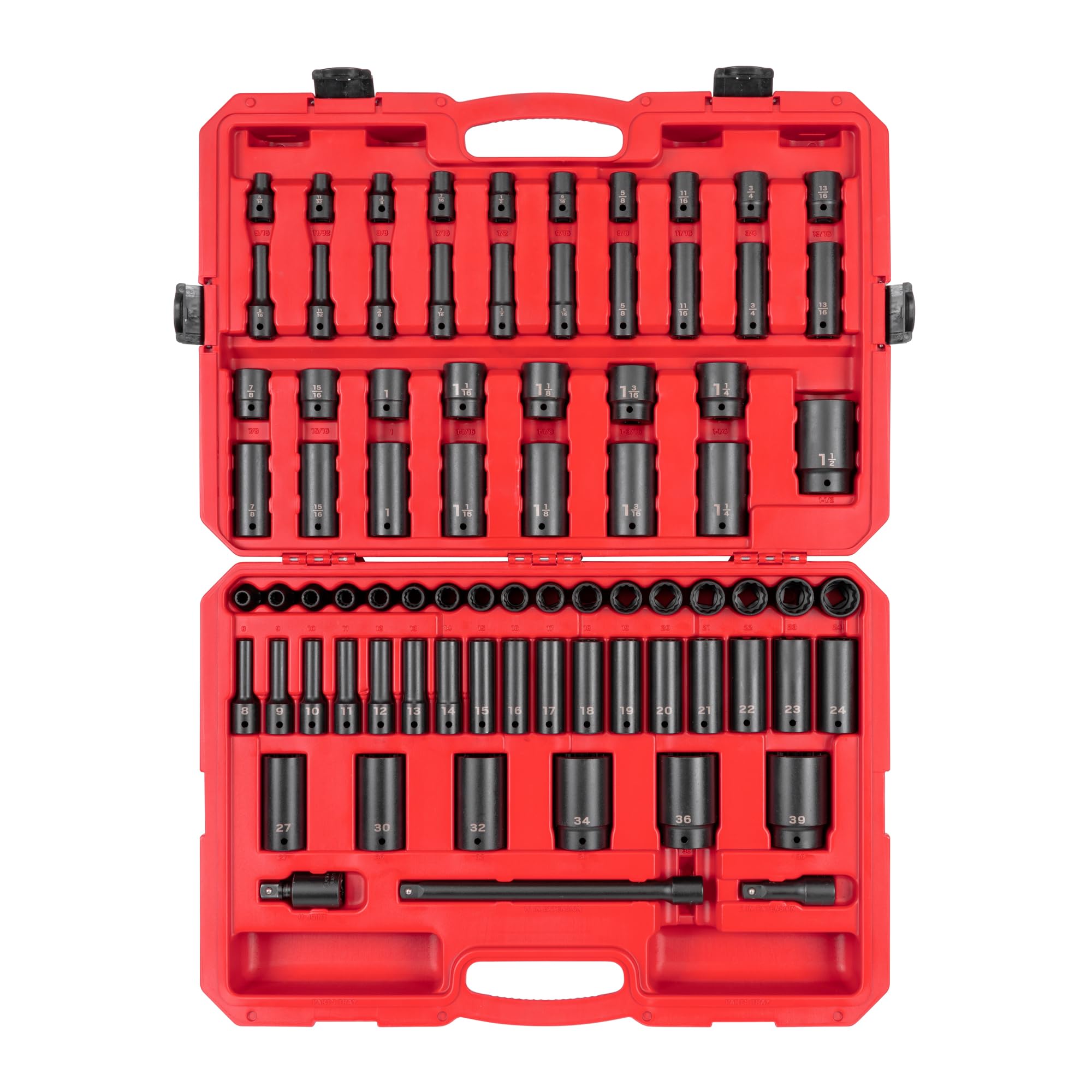 TEKTON 1/2 Inch Drive Shallow and Deep 12-Point Impact Socket Set with Case, 78-Piece (5/16-1-1/2 in., 8-39 mm) | SID92408