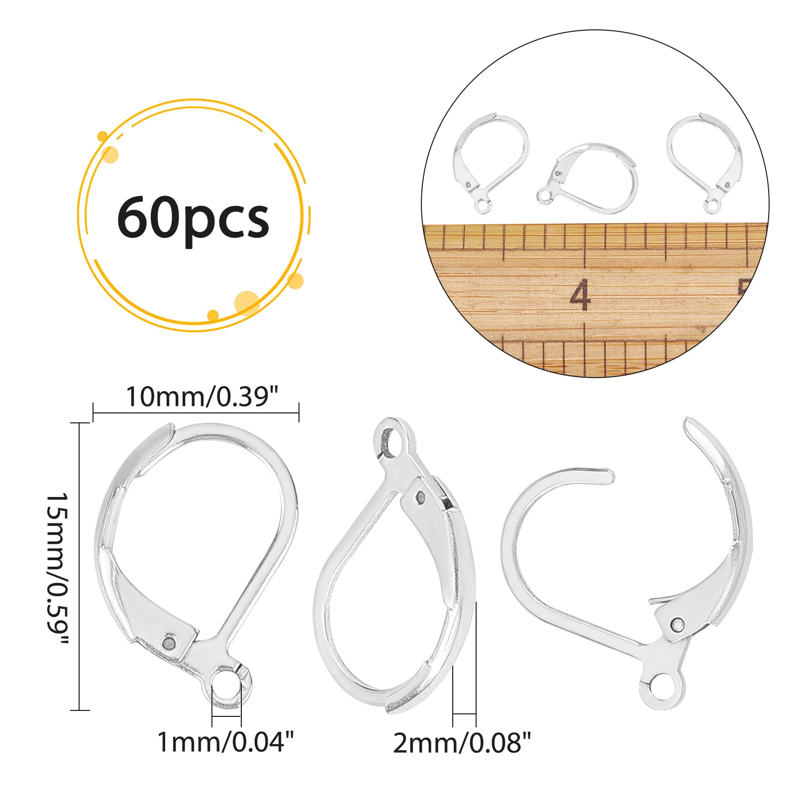 PandaHall 60 Stuks Roestvrijstalen Oorhaken Met Hefboomsluiting – Franse Haak – 15 X 10 Mm – Voor Het Maken Van Sieraden – Zilverkleurig