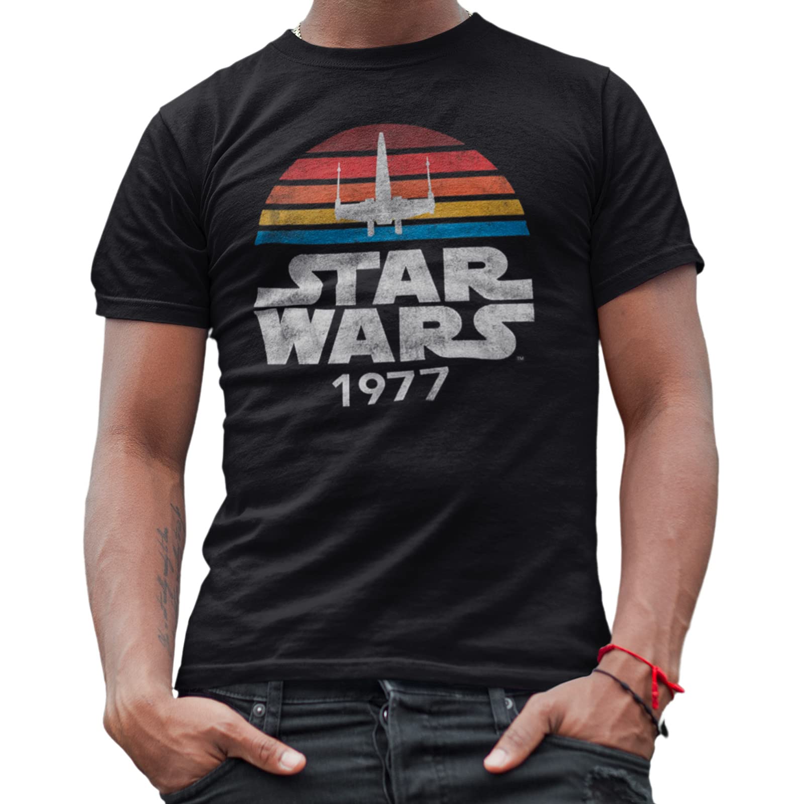 STAR WARS 1977 Logo Rainbow X-Wing Men's Adult T-Shirt, Premium Black, Large