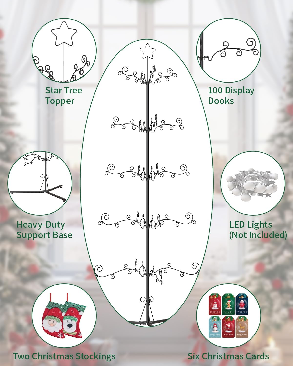75” Metal Christmas Tree, Christmas Ornament Display Stand Tree with Hooks, Freestanding Wrought Iron Christmas Tree with 100 LED Lights, 54 Balls, 2 Mini Stockings & 6 Xmas Cards