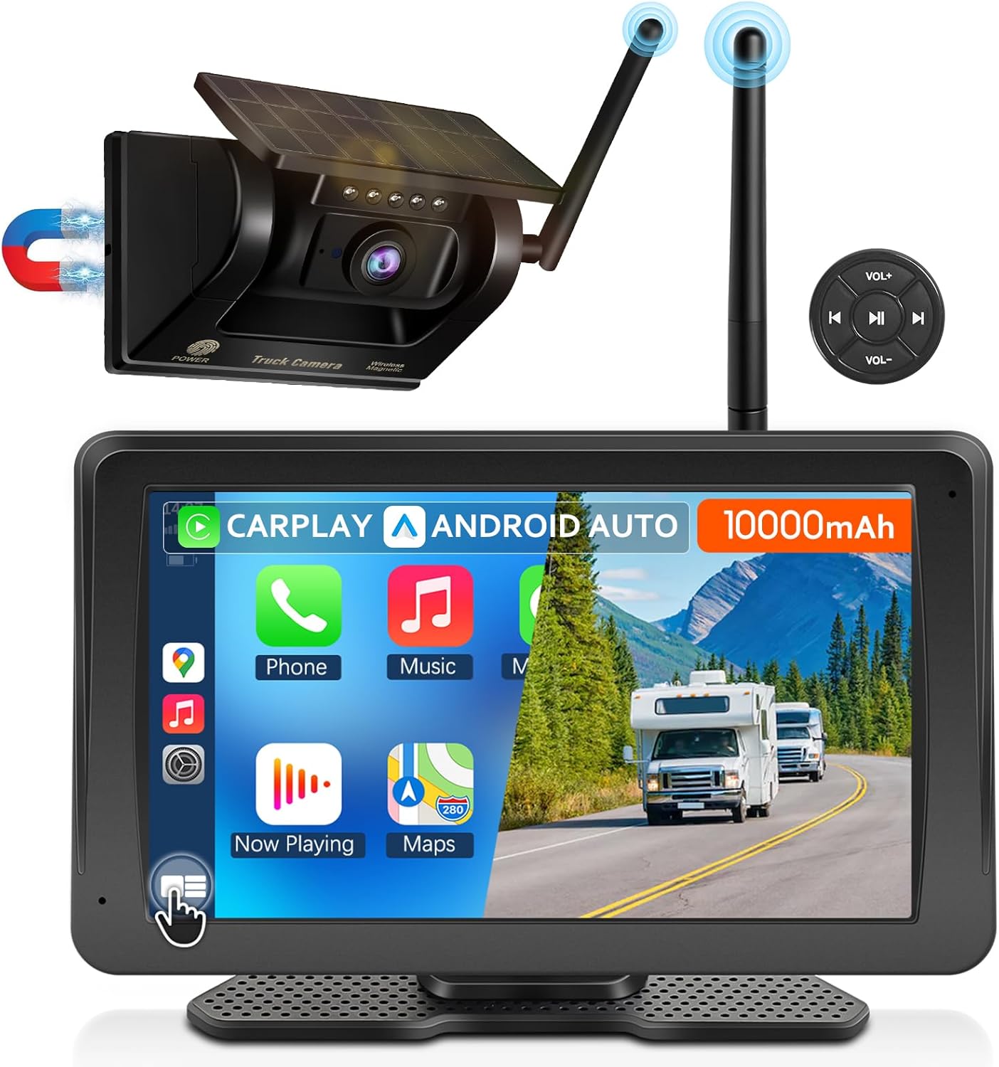 PORMIDO Wireless Backup Camera for RV: 7" Portable Touchscreen with Apple CarPlay/Android Auto - 10000mAh Solar Magnetic HD 1080P Rear View System for Large Vehicle Truck Trailer Camper Pickup Reverse