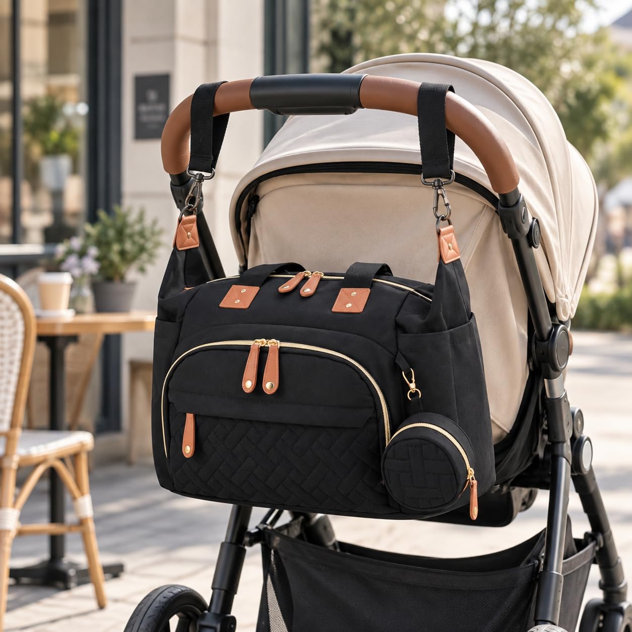 Borsa per pannolini per bambini, grande capacità, impermeabile, portatile, con spallacci per passeggino, nero, isolata