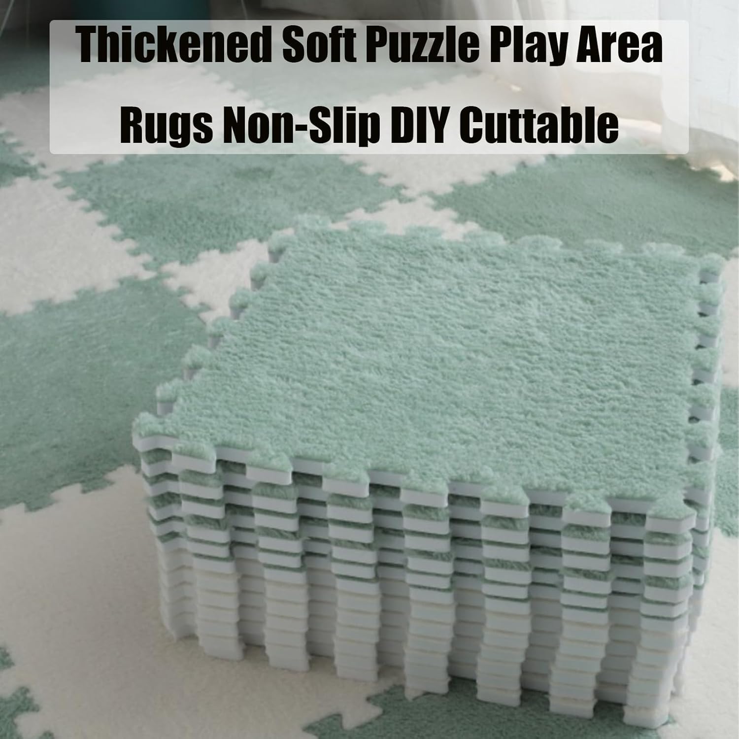 Generic Tapis patchwork en velours de lait, tapis de sol en mousse puzzle en peluche, 20 pièces (vert blanc, 30 x 30 cm)