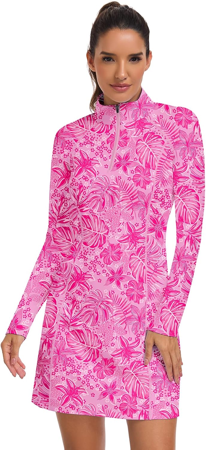 WOWENY Golf Dresses for Women Long Sleeve 1/4 Zip Tennis Dress with Shorts and Pockets UPF 50+ Workout Athletic Dress - Image 6