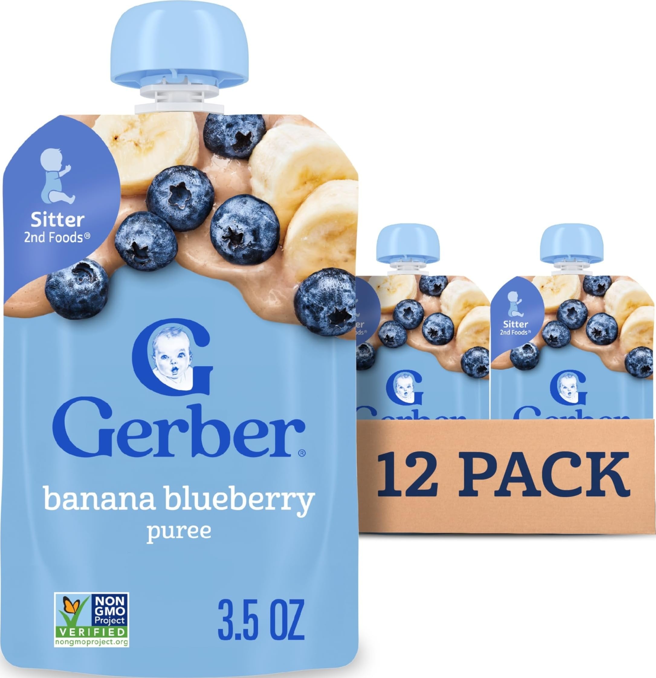Gerber Stage 2 Baby Food, Banana Blueberry Puree Pouch, 2 Servings of Fruit, No Added Sweetener, No Artificial Colors or Flavors, 12-Pack