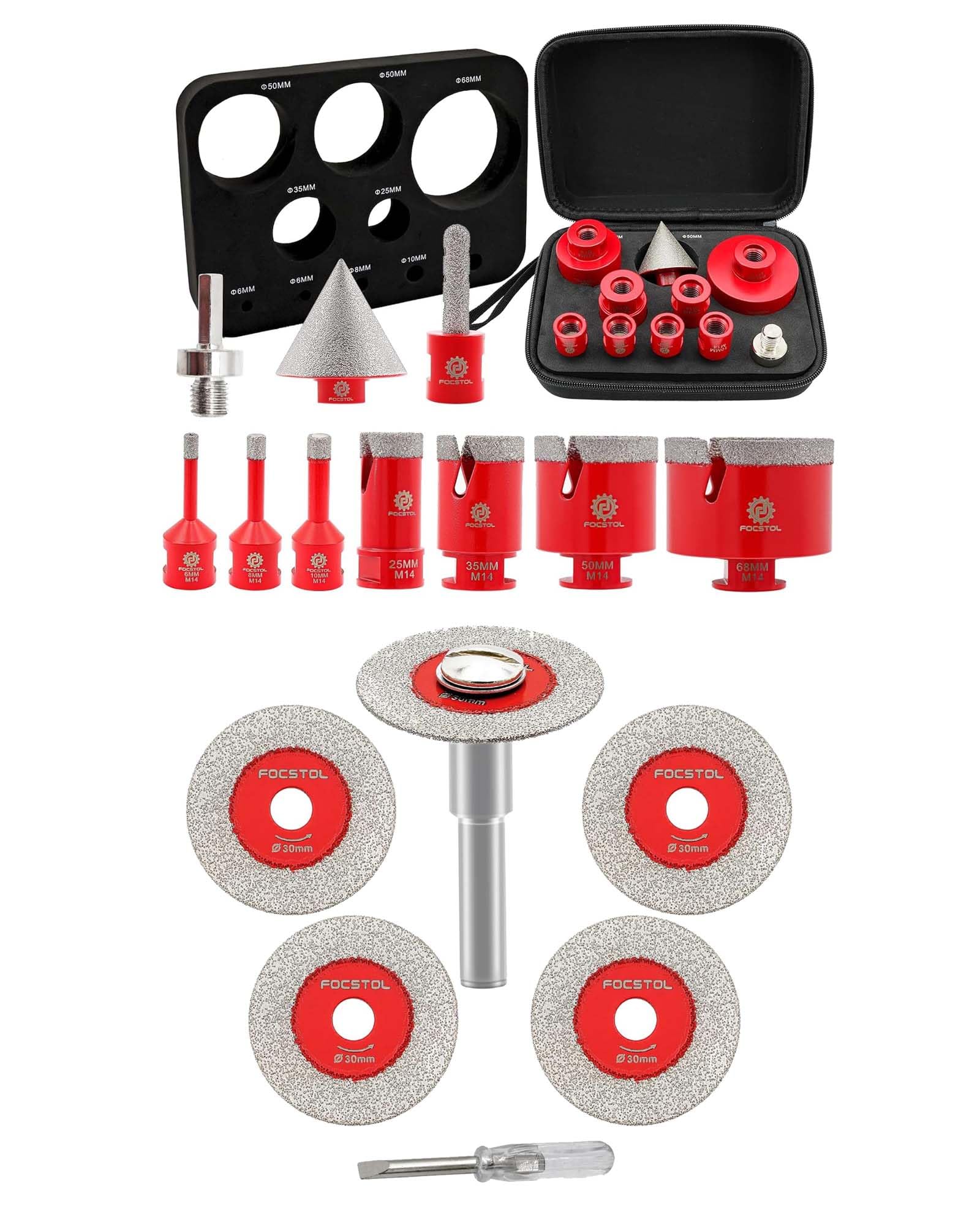 FOCSTOL Disco Corte Vidrio 5 piezas 30mm Disco Diamante y 1 pieza 6mm Mango Redondo y Juego de Brocas Diamante 10 piezas