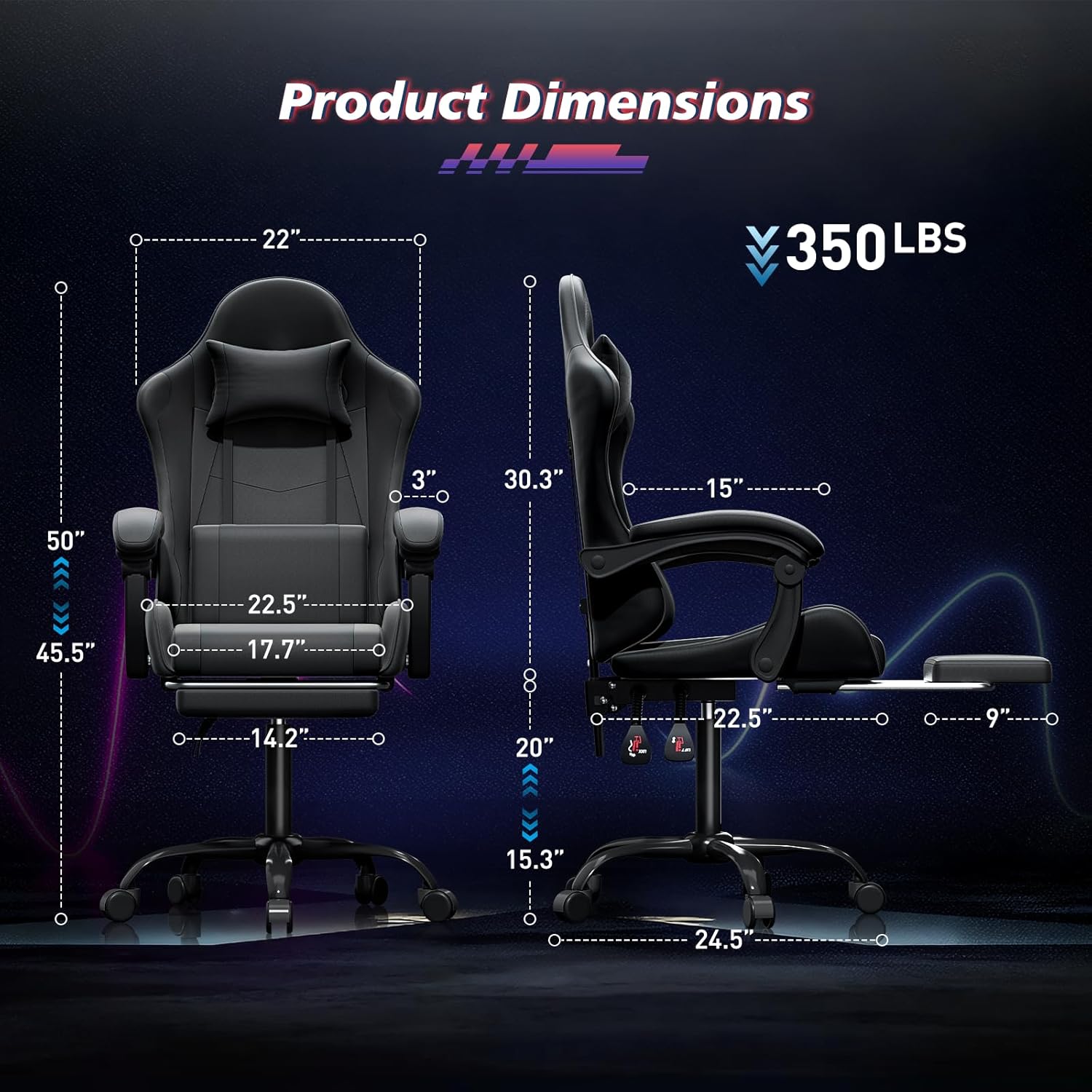 Image displaying the detailed product dimensions of the Magshion gaming chair, including height, width, depth, and footrest measurements, along with a 350 lbs weight capacity.