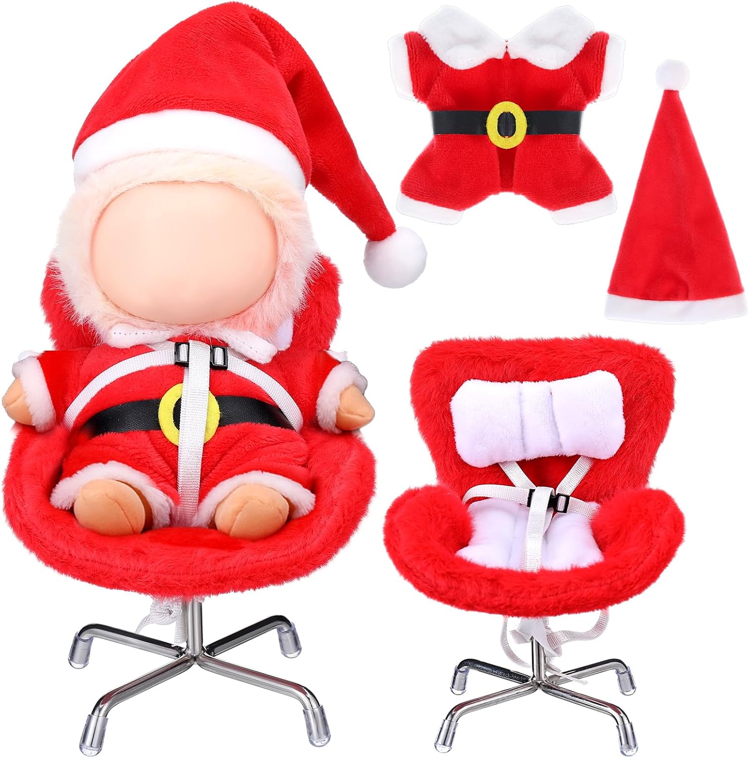 Simgoing 17 cm Christmas Doll Clothes with Seat, Cute and Functional Xmas Outfit with Accessories for Doll Fans and Collectors, Christmas Car Desk Office Decor(Red,Santa Claus)