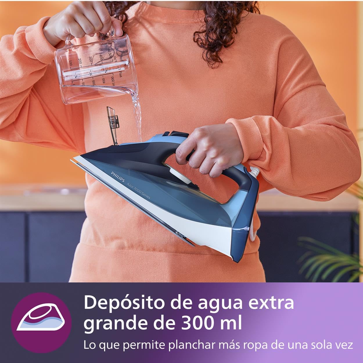 Philips Azur Series 7000 Plancha de vapor - 2800 W, 50 g/min de vapor continuo, 250g de golpe de vapor, vapor vertical, suela SteamGlide Plus, Louros/Algodón Azul (DST7020/20)