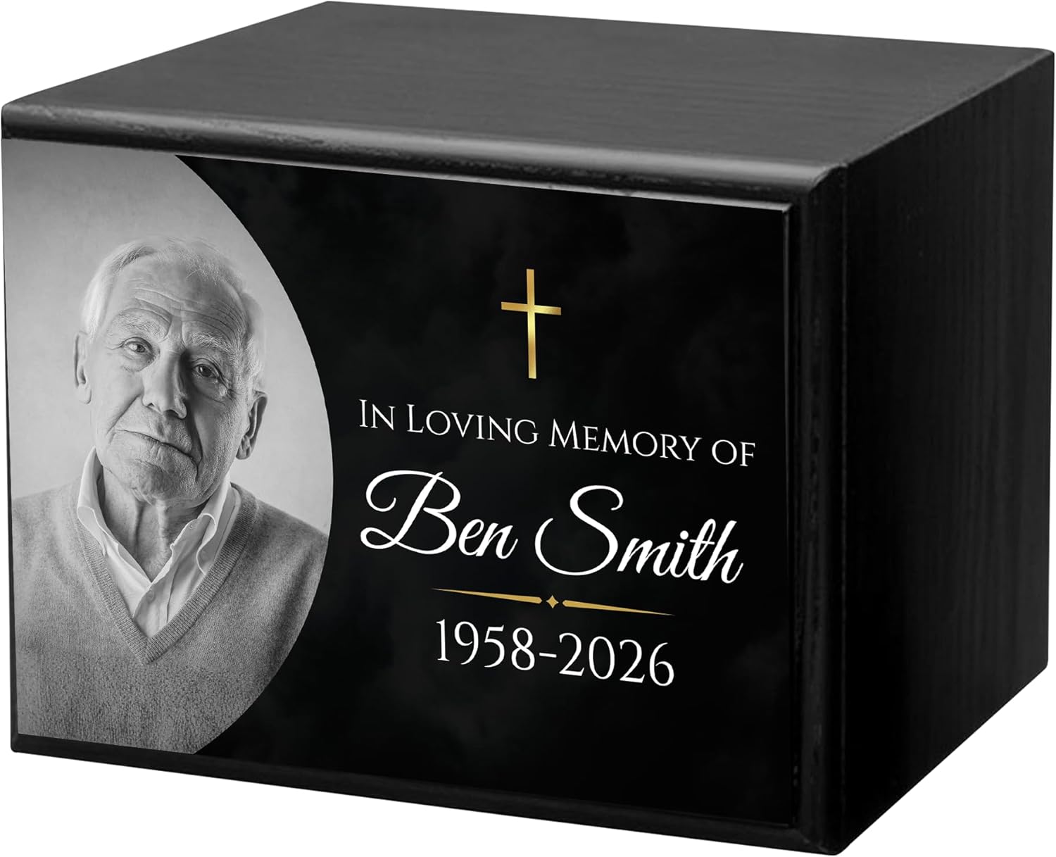 Personalized Wooden Urns for Human Ashes - Custom Cremation Urn for Adult up to 170 lbs - Add Your Photo and Text - Custom Burial Memorial Keepsake, Blk (Design 8) - Image 3