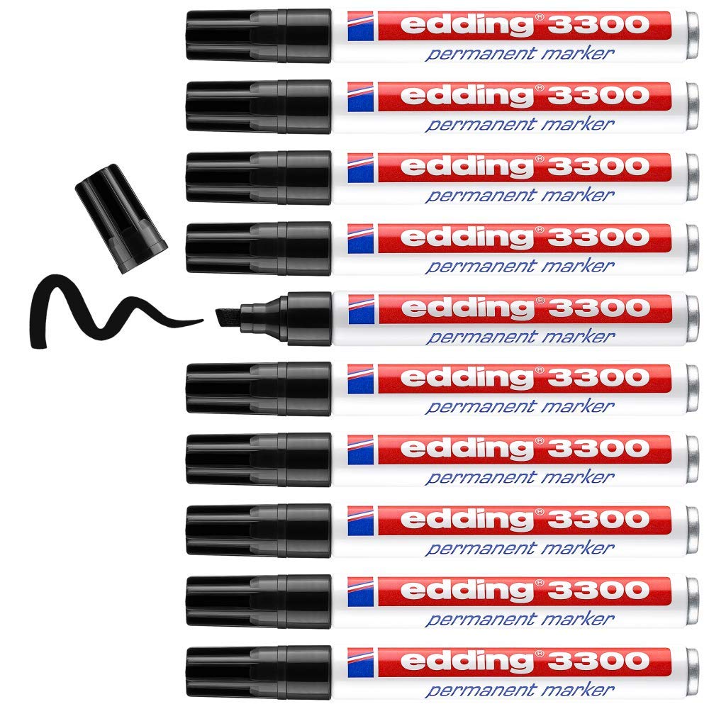 edding 3300 permanent marker - black - box of 10 - chisel tip 1-5 mm - quick-drying permanent markers - waterproof, smudge-proof - for cardboard, plastic, wood, metal, fabric - marker pens — image 1