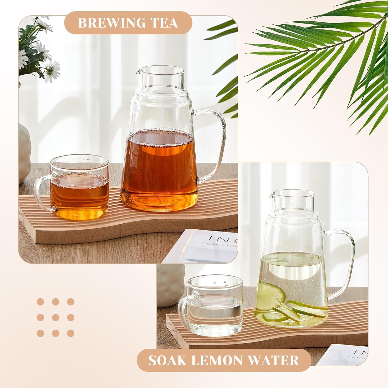 2 Set Large Bedside Water Carafe and Glass Set 50oz/1. 5l with Tumbler and Handle Nightstand Carafe Pitcher and Water Glass Tumbler, Heat Resistant, for Bedroom - Image 6