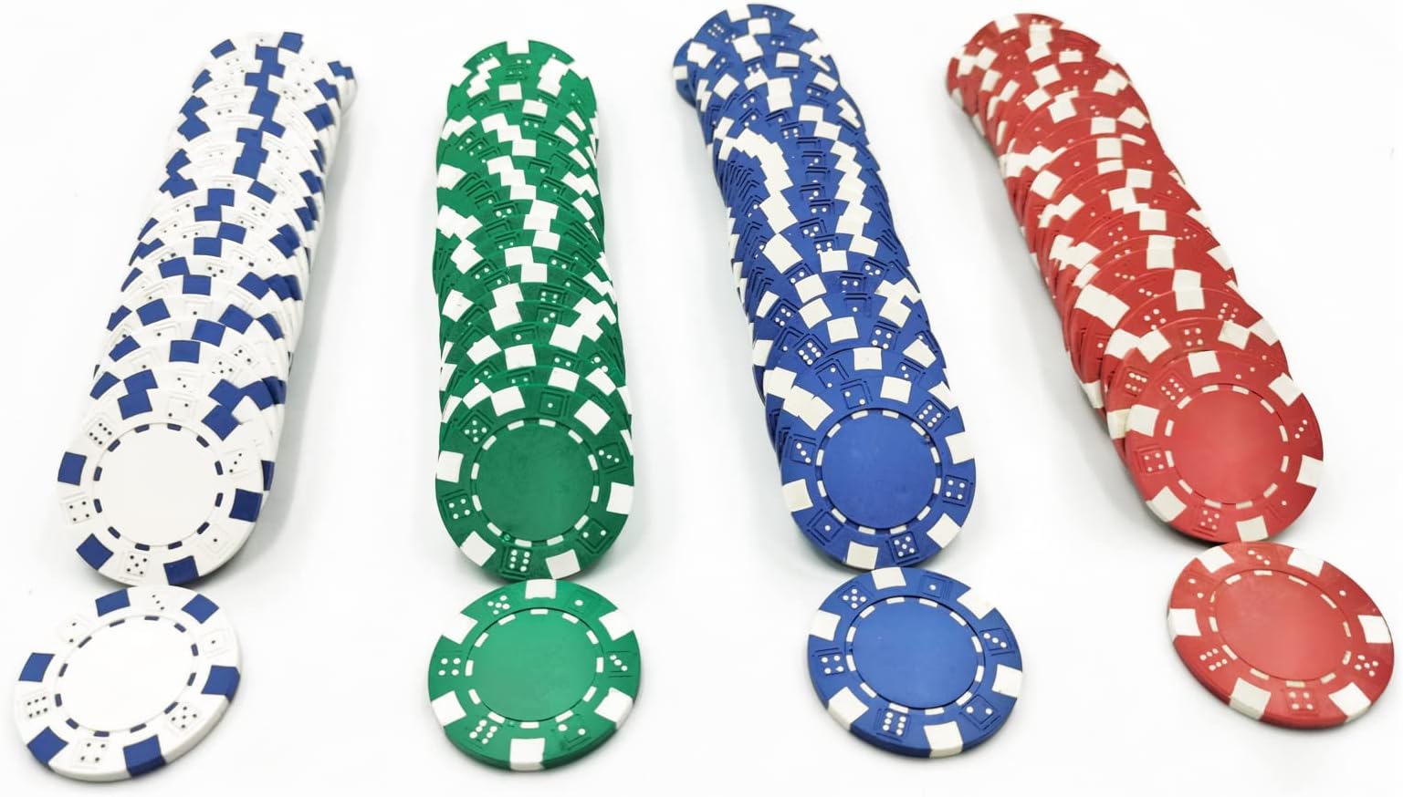 SEETOOOGAMES 100 Pieces 11.5g Clay Composite Dice Striped Casino Poker Chips- 4 Colors (red, Green, White and Blue)