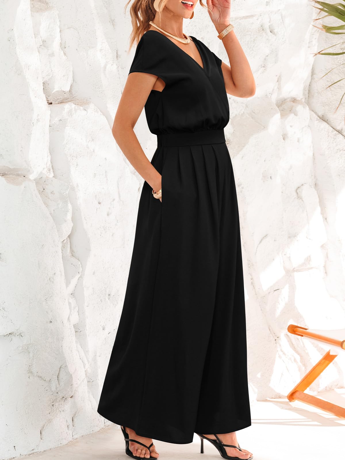 CUPSHE Damen Jumpsuit V-Ausschnitt Kurzarm Overall Weites Bein Elastischer Bund Sommer Elegant Playsuit mit Taschen