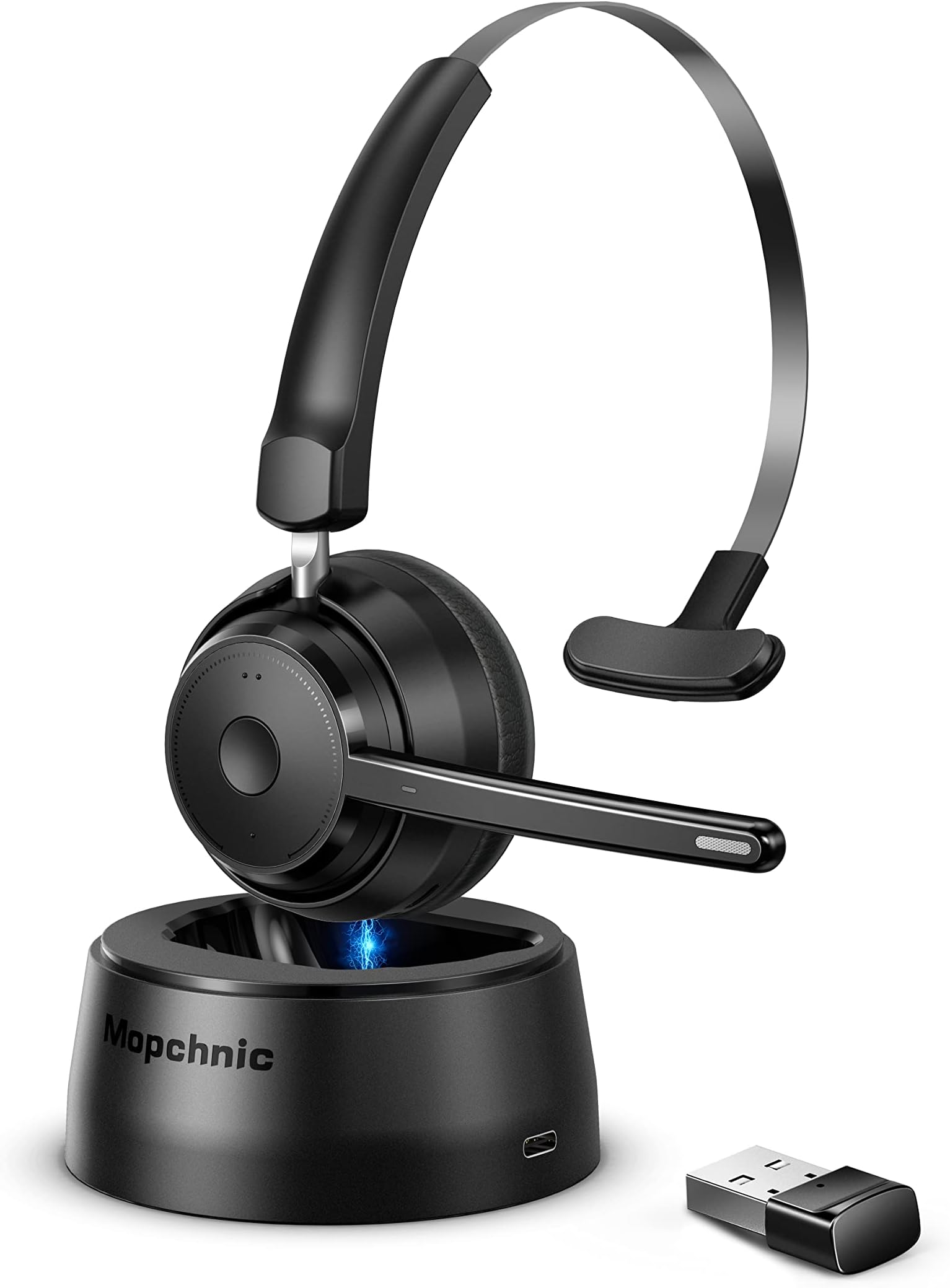 Bluetooth Headset, Wireless Headset with Upgraded Microphone AI Noise Canceling, On Ear Bluetooth Headset with USB Dongle for Office CallCenter Skype Zoom Meeting Online Class Trucker, Black