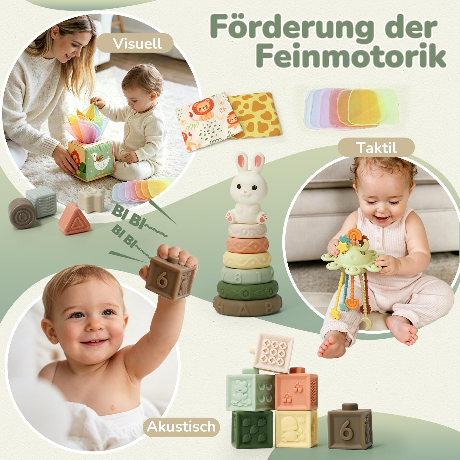 Montessori Spielzeug Baby ab 6 Monate, 5 in 1 Baby Spielzeug ab 7 8 9 Monate mit Bauklötze, Stapelringe, Tissue Box Toys, Lernspielzeug Geschenk für 6-12 Monate