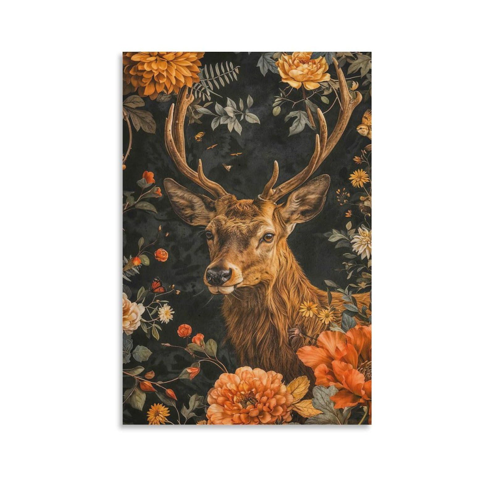 DHBANEIOK Deer with Flowers Poster Artwork Giclee Canvas Prints Modern Wall Art Picture Wall Hanging for Living Room Bedroom Home Decorations 24x36inch(60x90cm)