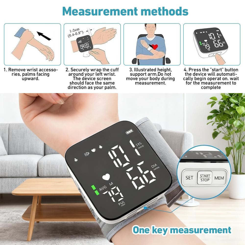 Tensiometro de Muñeca con Pantalla LCD, Tensiometro Muñeca con Aviso de Voz, Monitorización de Frecuencia Cardíaca, Carga USB Portátil, Brazalete Ajustable, Para el Hogar o de Viaje