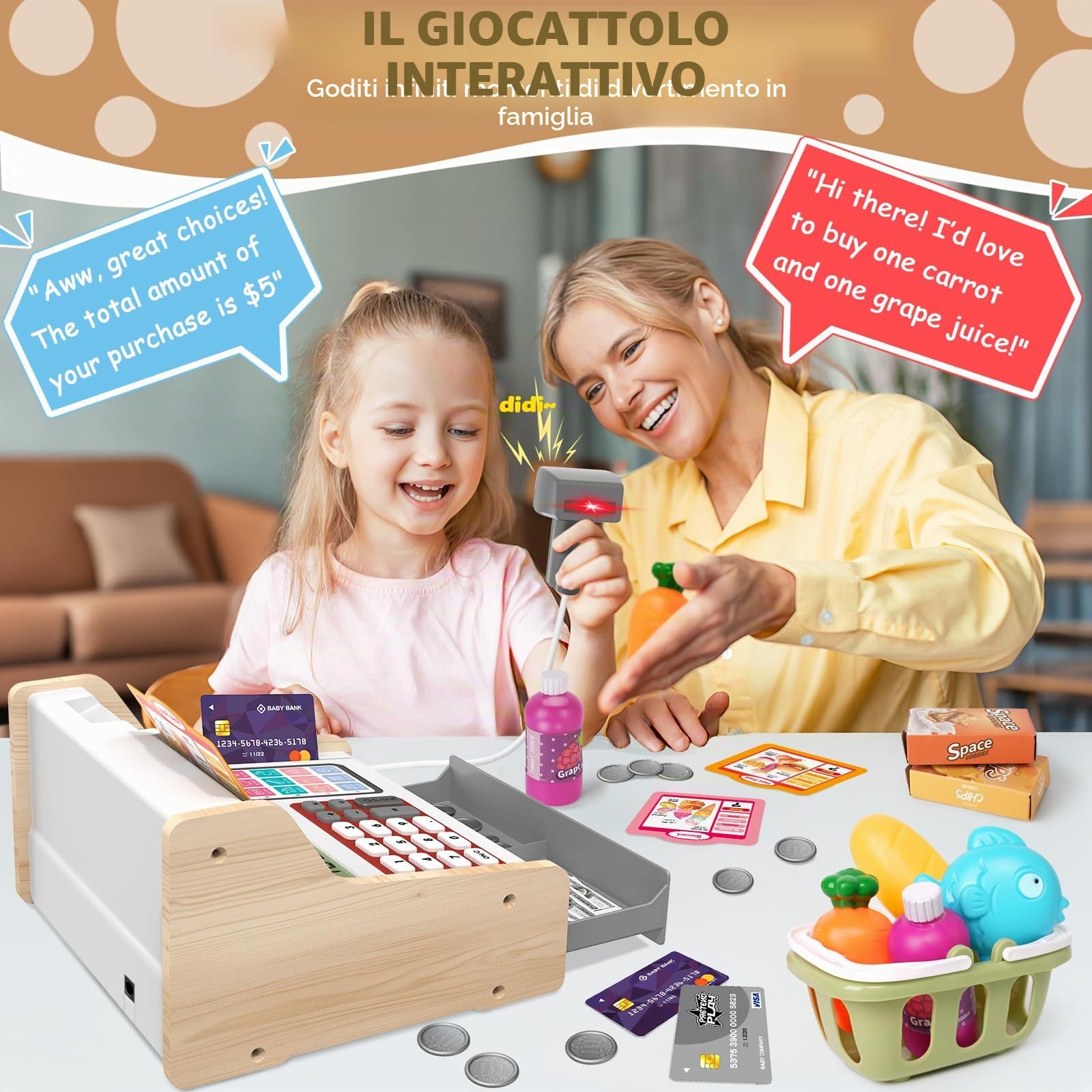 2025 Registratore di Cassa Giocattolo in Legno con Calcolatrice Scanner Giochi per Bambini 3+ Anni, Giocattoli Negozi di Giochi Finti Regali Educativi per Ragazze Ragazzi 3 4 5 6 7Anni, Bianco&Grigio