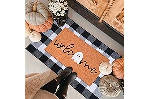 Halloween Door Mat Combo Set: Spooky Welcome Mat and Plaid Rug