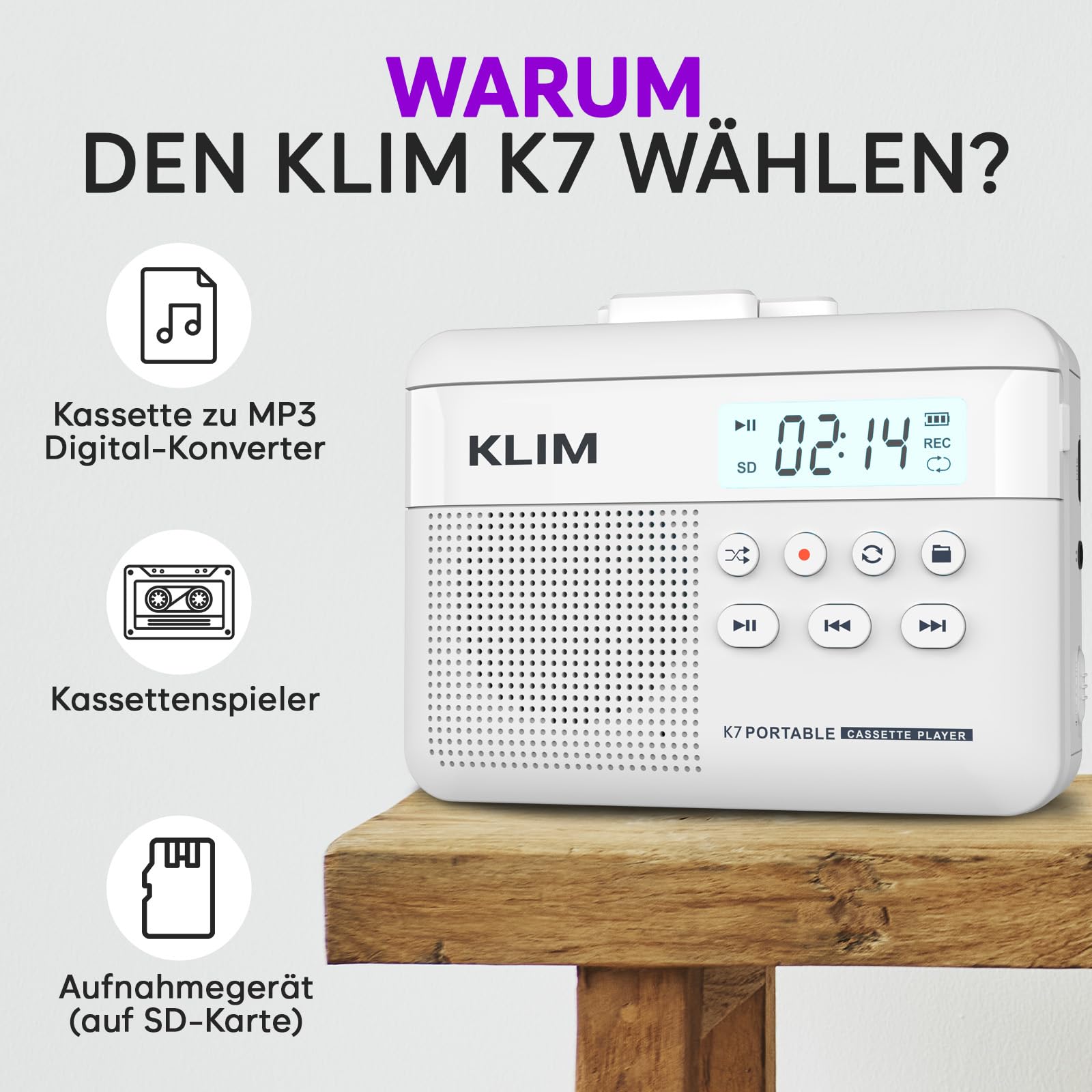 Kassettenspieler - Kassettenrekorder - Cassette Gerät - Kassetten Digitalisieren - Tragbarer Kassettenrekorder - Mikrofon & Lautsprecher - Wiederaufladbarer Aufladbar - Stereoausgang - 16GB SD-Karte