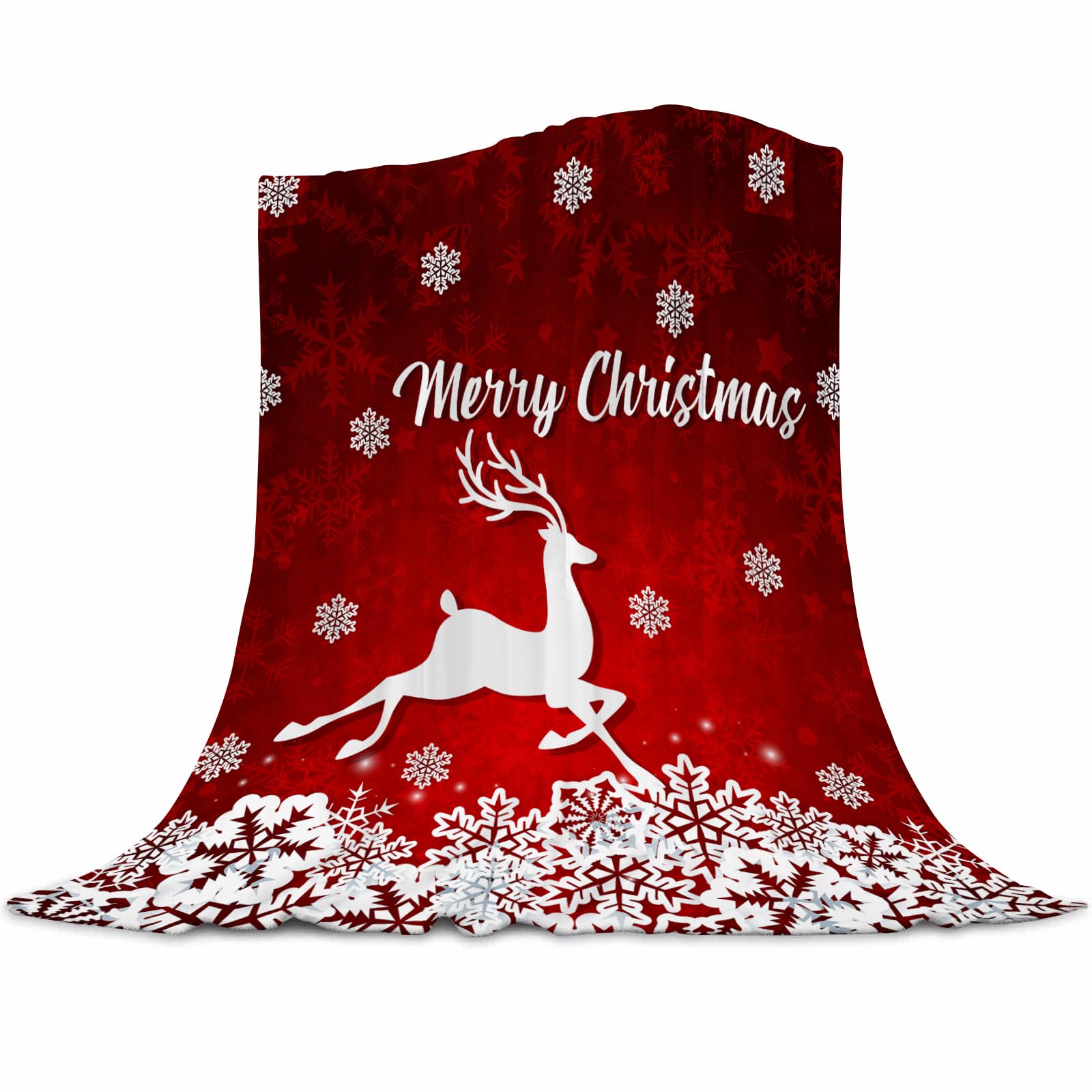 Merry Christmas Red Flannel Fleece Throw Blanket - White Snowflake Printed, Soft Plush for Bedroom, Couch, Sofa - 60"x80"