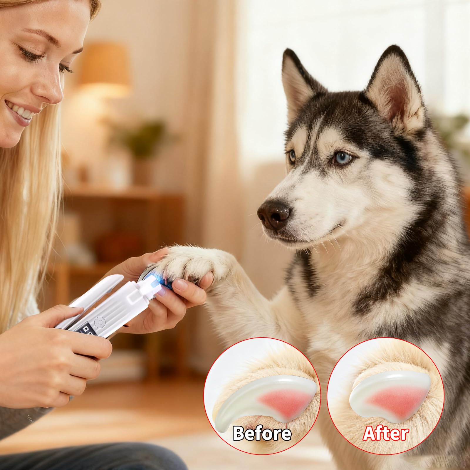 Cortadora de uñas 2 en 1 para perros y amoladora de uñas para perros con 2 luces LED, funcionamiento de bajo ruido, recargable por USB, dispositivo de protección contra salpicaduras, múltiples métodos