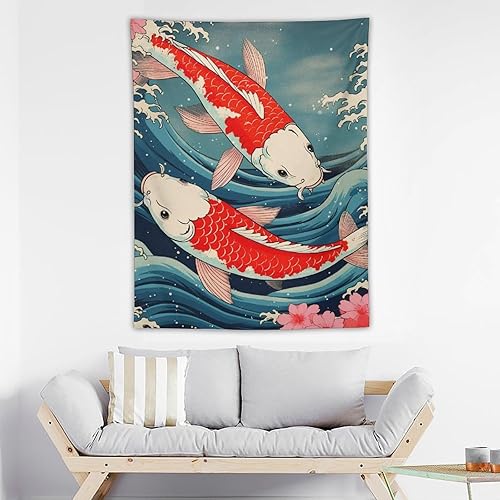 Miniatura 3 de QEOPGNE Tapiz de pared grande con estampado de peces Koi, grandes olas japonesas, flores de cerezo, banderas retro para habitación, sala de estar,