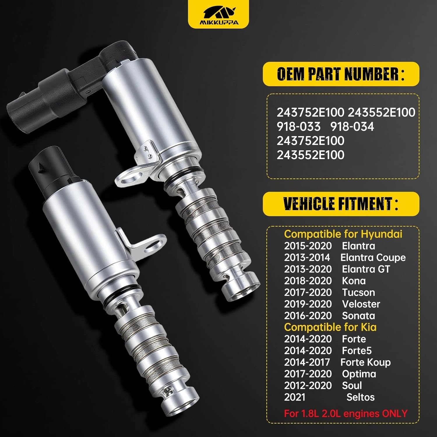 MIKKUPPA VVT Solenoid Compatible with Kia Soul Forte, Hyundai Tucson Elantra, 1.8L 2.0L Intake & Exhaust Camshaft Position Actuator Solenoid Valve Kit Replaces#243752E100 243552E100 918-033 918-034