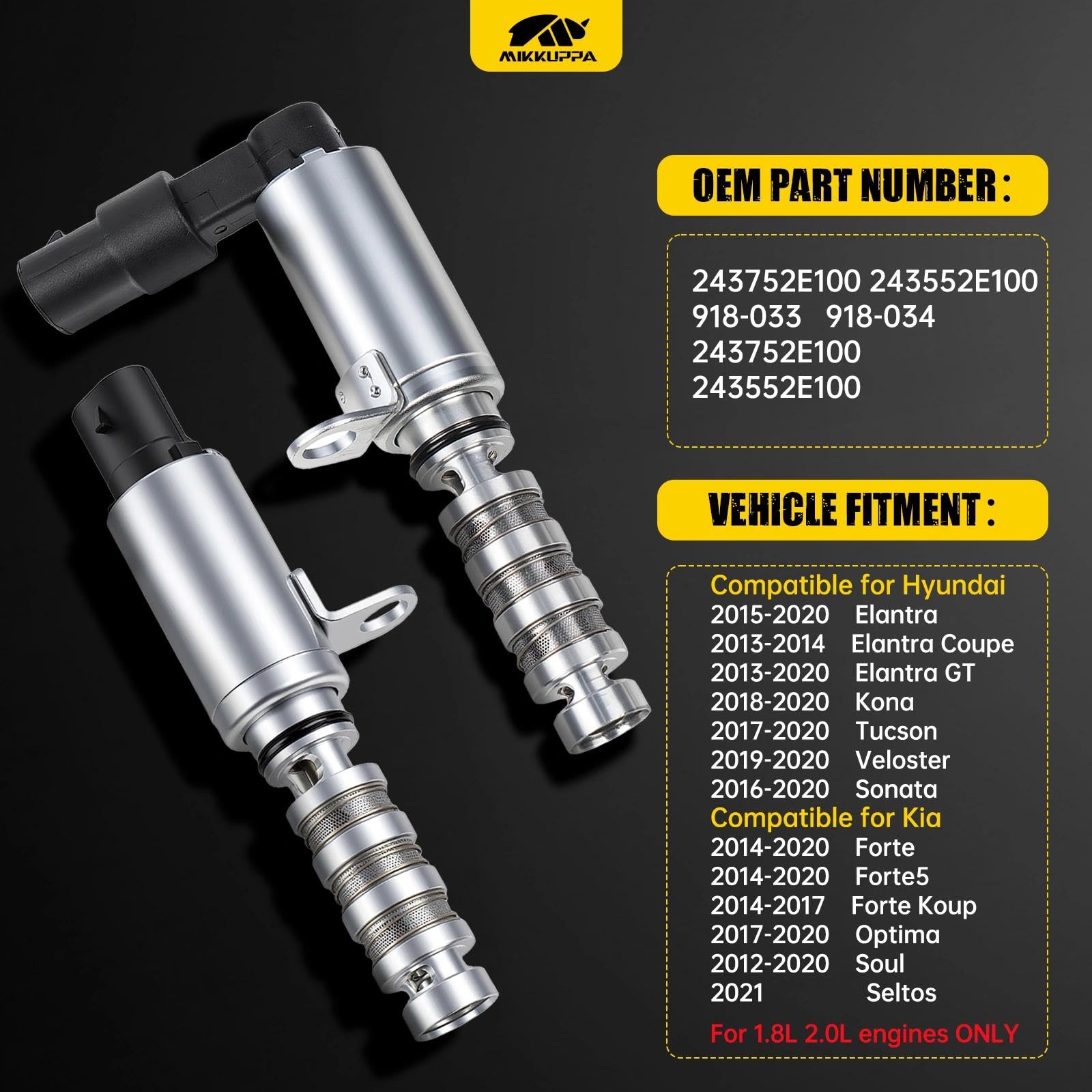 MIKKUPPA Solenoide di fasatura variabile della valvola del motore di aspirazione e scarico 1.8L 2.0L VVT, Attuatore di posizione dell'albero a camme compatibile con Hyundai & Kia 243752E100 243552E100