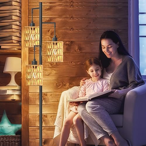 Miniatura 5 de Lámparas de pie de ratán de 3 luces con interruptor de pie de encendidoapagado, lámpara de pie de árbol con pantallas de ratán de madera, lámpara de