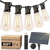 Vista 13 de 100 pies de luces de cadena solar para exteriores con control remoto, luces LED recargables por USB para patio con 52 bombillas ST38 Edison