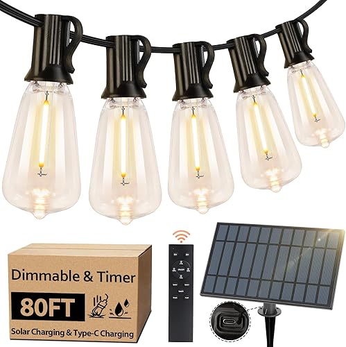 Miniatura 13 de 100 pies de luces de cadena solar para exteriores con control remoto, luces LED recargables por USB para patio con 52 bombillas ST38 Edison