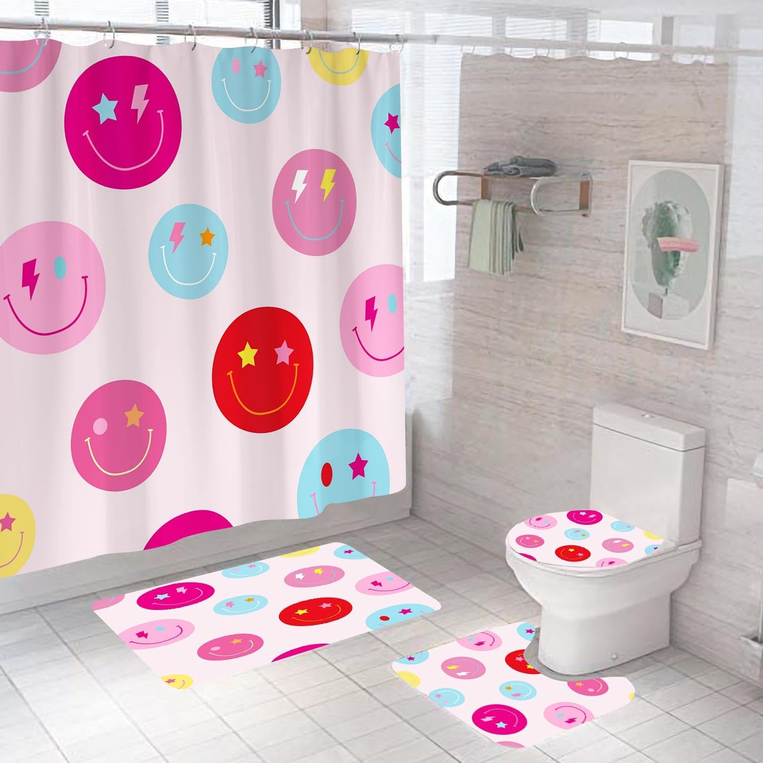 4PCS Smiley Face Shower Curtain Sets with Rugs, Waterproof Fabric Pink Shower Curtain, Cute Colorful Smiley Face Star Lightning Trendy Preppy Aesthetic Teen Girls Bathroom Decor, Girly Gifts