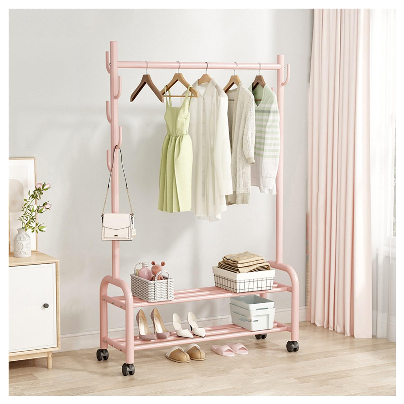 Aycdl Pink Metal Clothing Rack With 2-Tier Storage Shelves Heavy-Duty Rolling Garment Stand With 7 Hooks For Basement Attic Entryway Bedroom Max Load 100Kg,-100Cm