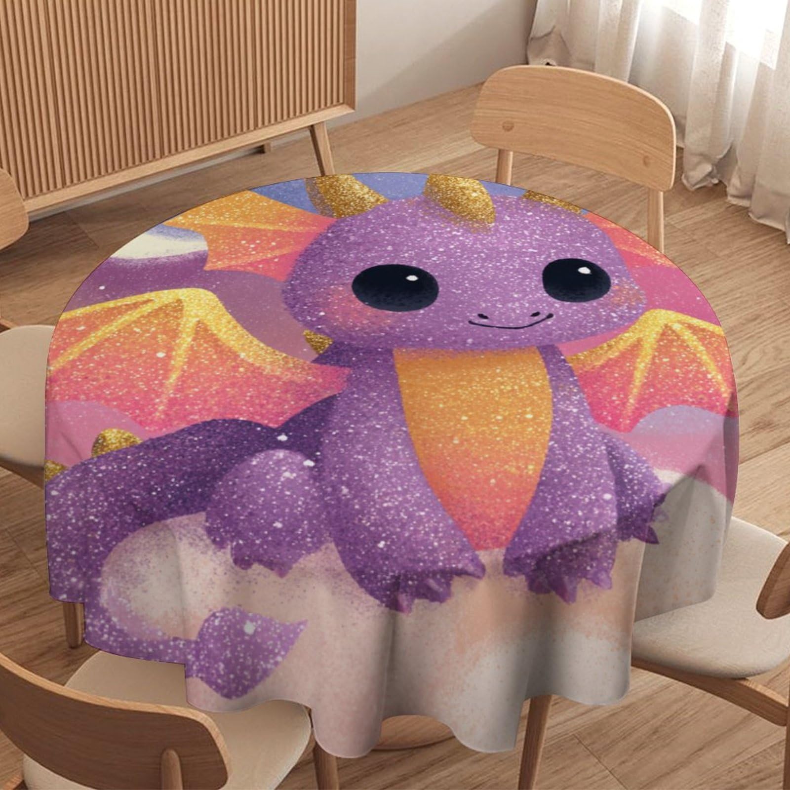 LUYYSKY Modern Classic Cute Dragons Round Tablecloth Funny Anime Galaxy Starry Sky Fantasy Animals Dragons Pattern Washable Decor for Table Cover for Kitchen-91.4" Wx91.4 L cm
