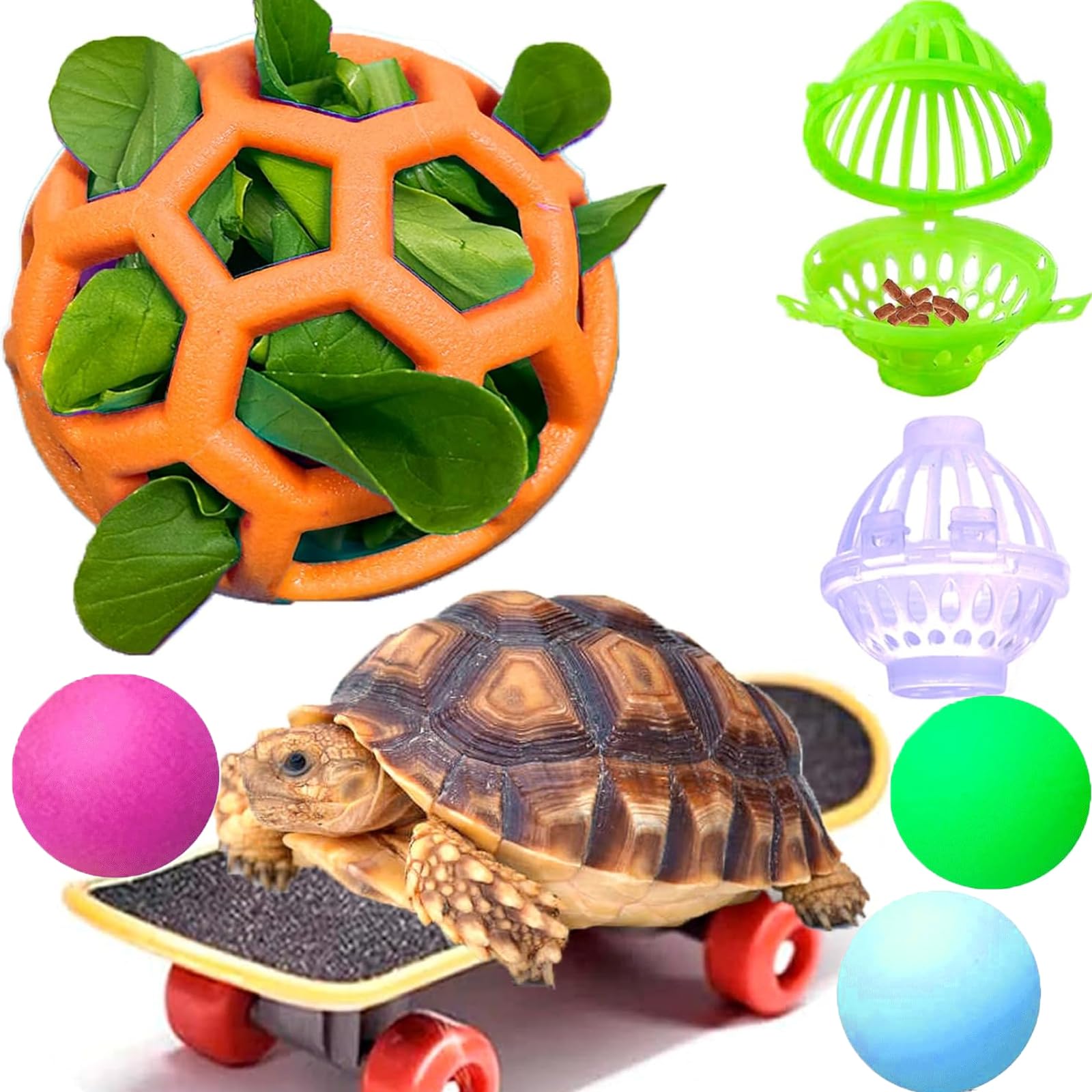 Fejapa 7 pcs Tortoise Treat Ball and Training Skateboard Toy Set Turtle Feeder Ball Funny Aquatic Turtle Enrichment Toys Aquarium Feed Toy Tortoise