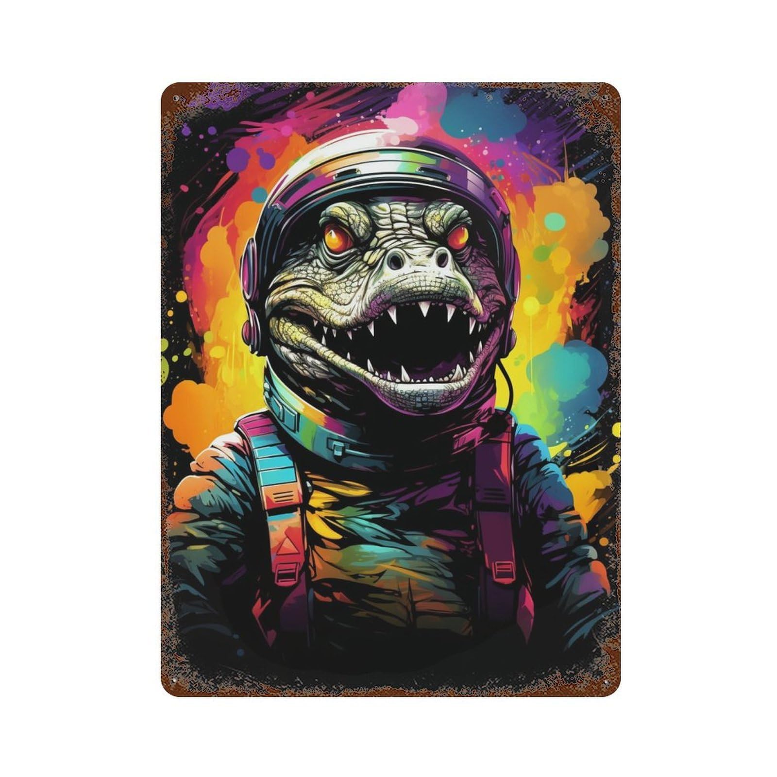Decorative Tin Sign with Space Crocodile Colorful Artwork Design 15.7"x11.8", for Basement, Hobby Room And Garage Decor, Farmhouse Wall Decor